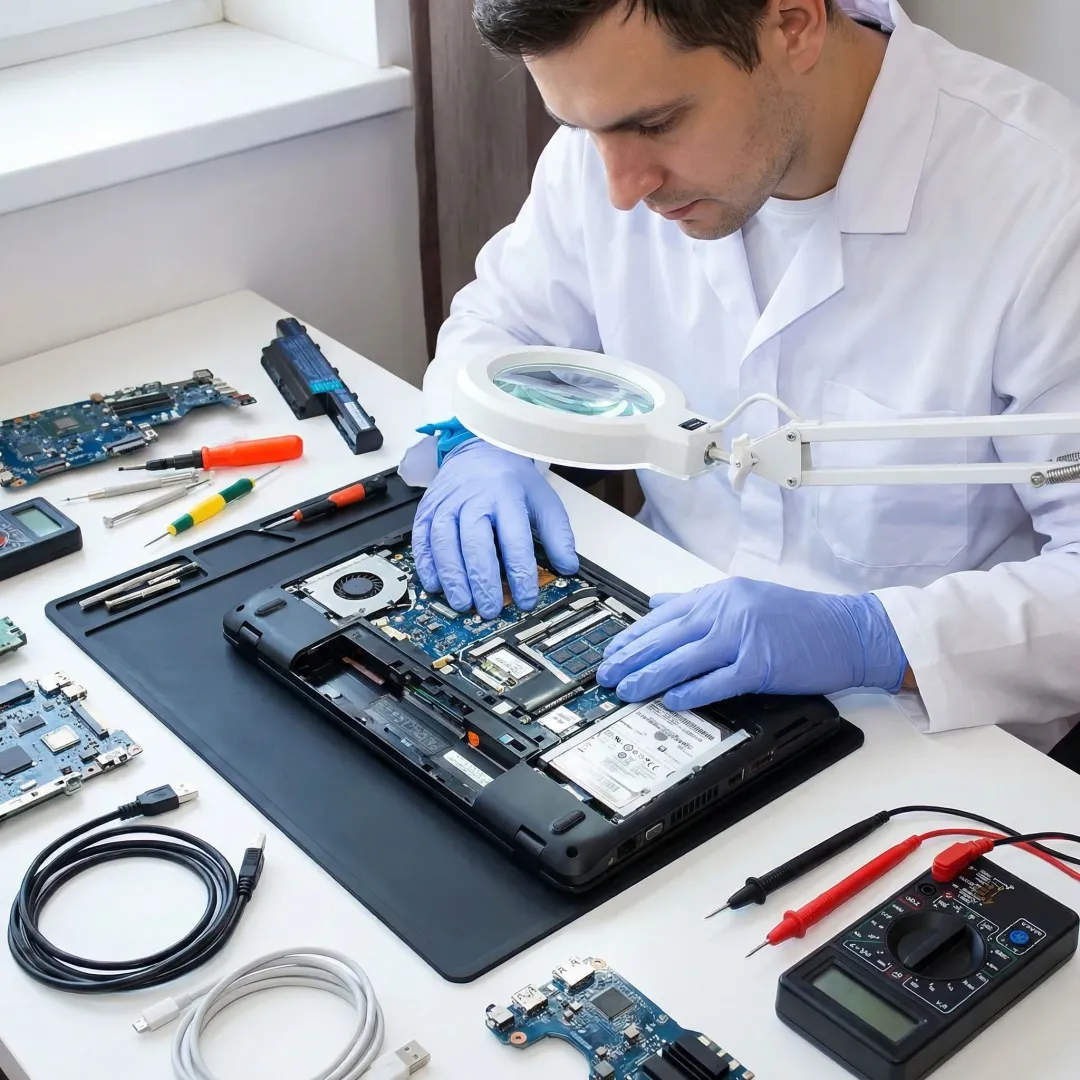 Expert computer repair technician diagnosing a laptop at a professional workbench
