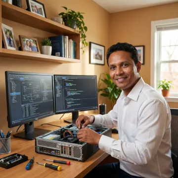 Technician repairing a desktop computer at a North Bay home office