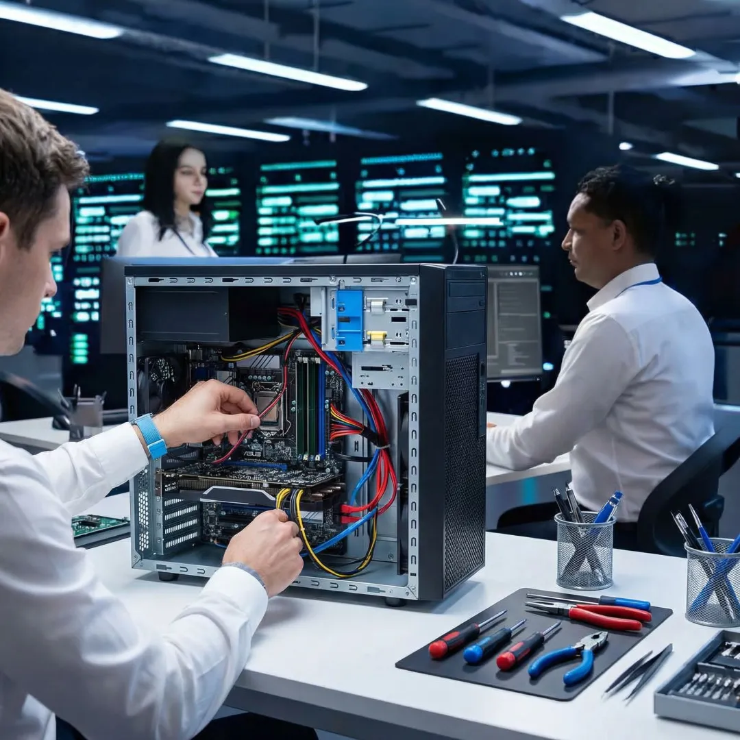 Technician repairing a desktop PC at a workbench