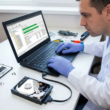 Data recovery specialist retrieving files from a damaged hard drive