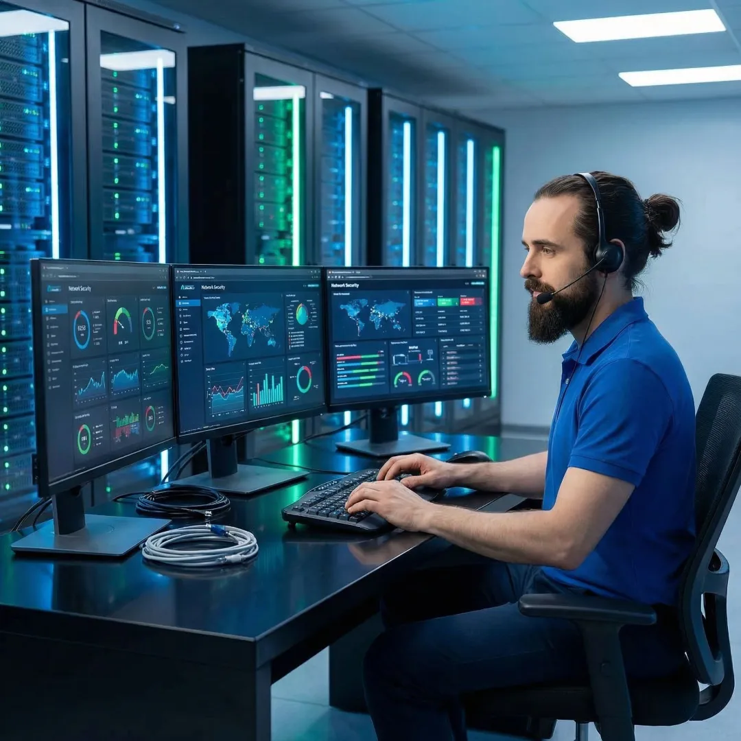 IT technician configuring network security systems for a business
