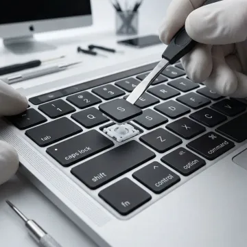 MacBook Pro keyboard close-up showing keys being carefully serviced