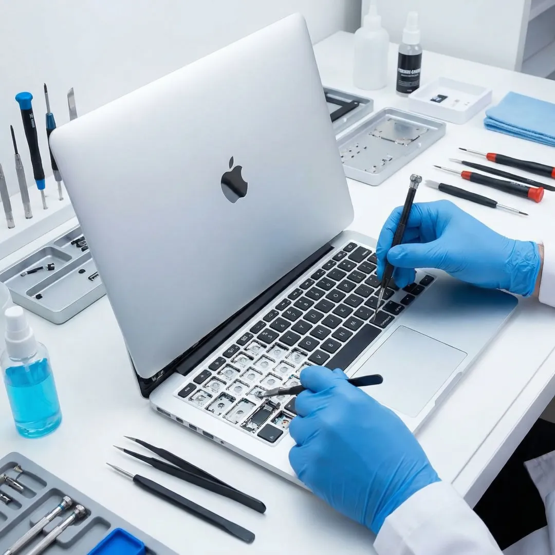 Technician repairing a MacBook Pro keyboard at a repair workbench