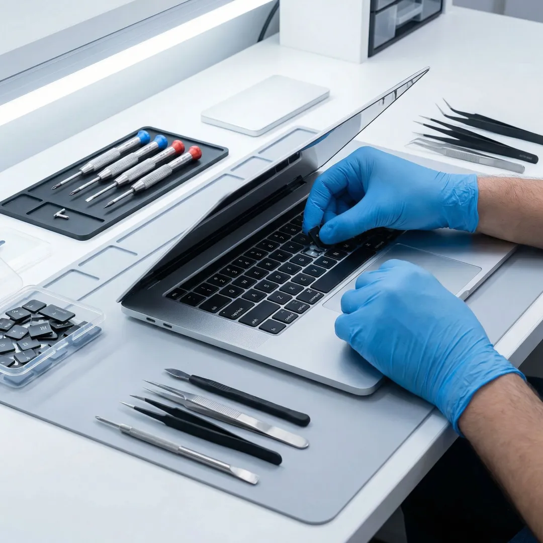 Technician repairing a laptop keyboard at a workbench in Los Angeles