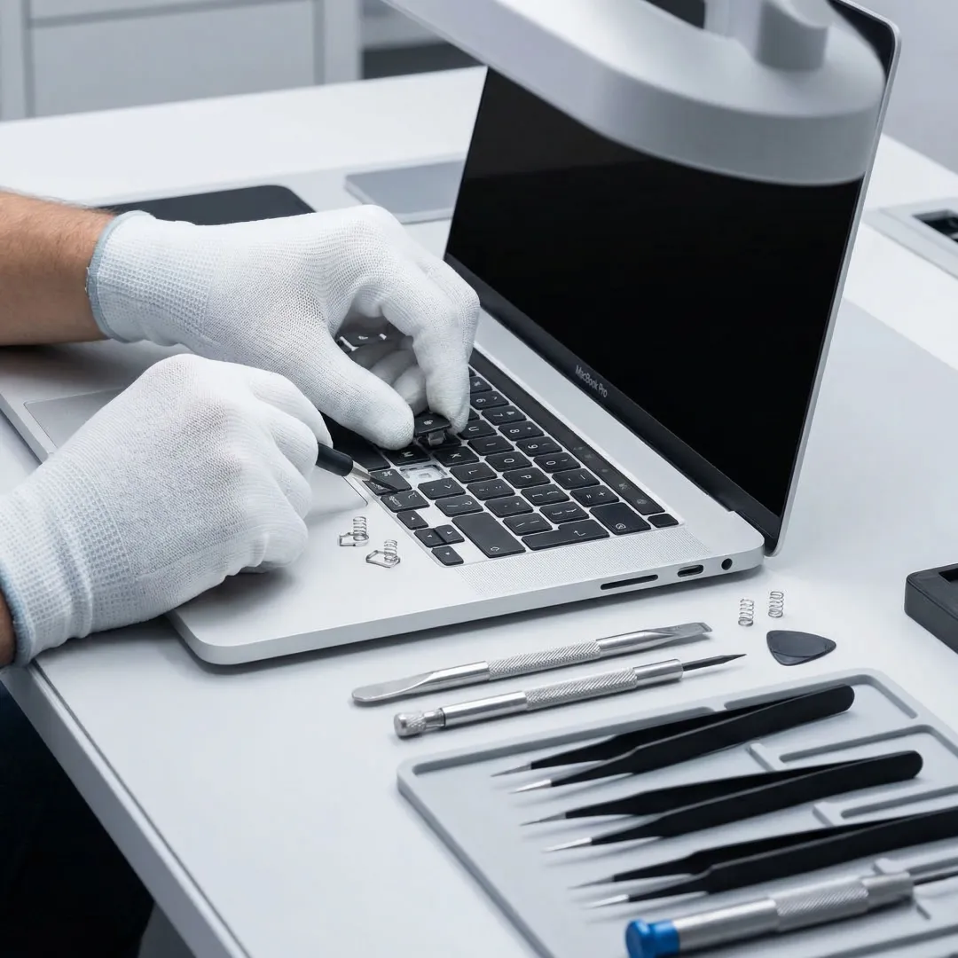 Close-up of a laptop keyboard being repaired with precision tools