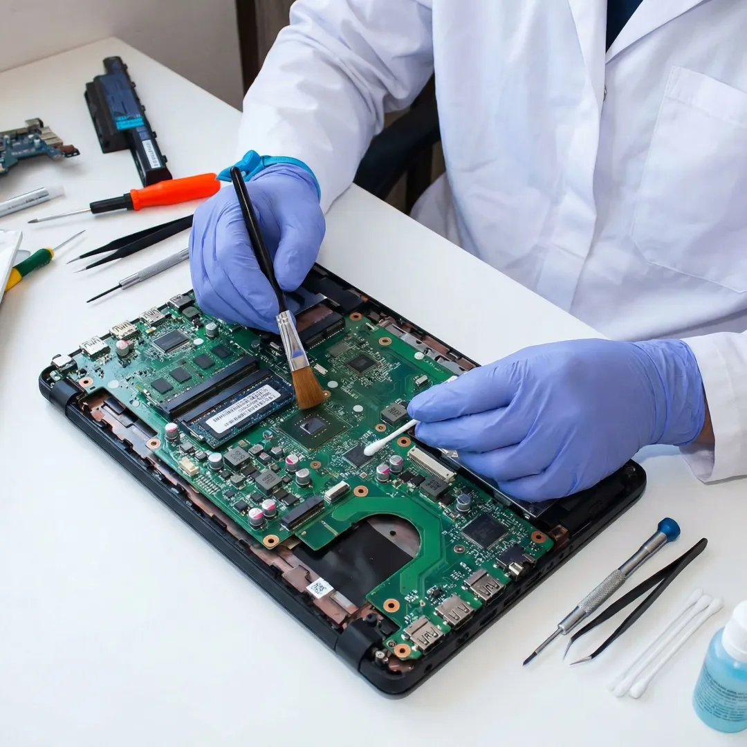 Technician following a step-by-step process to repair a liquid-damaged laptop