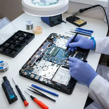Laptop repair technician inspecting a disassembled laptop with precision tools