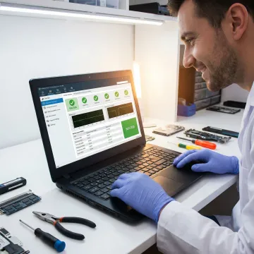 Technician testing a repaired laptop after motherboard service