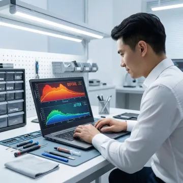 Technician stress-testing a laptop after a thermal repaste service to verify temperature improvement