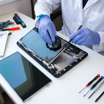 Laptop screen repair process showing technician replacing display panel
