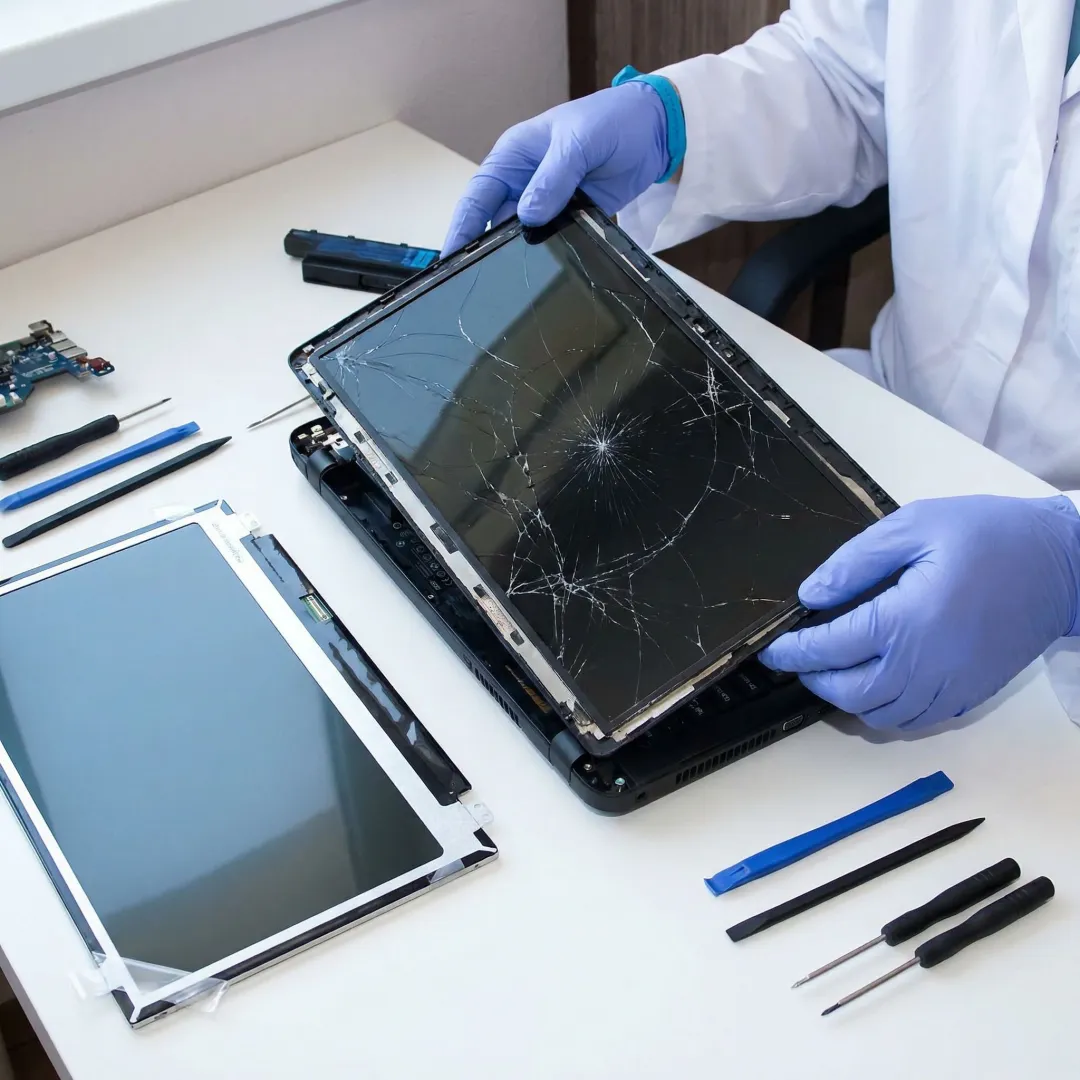 Technician repairing a cracked laptop screen at a workbench