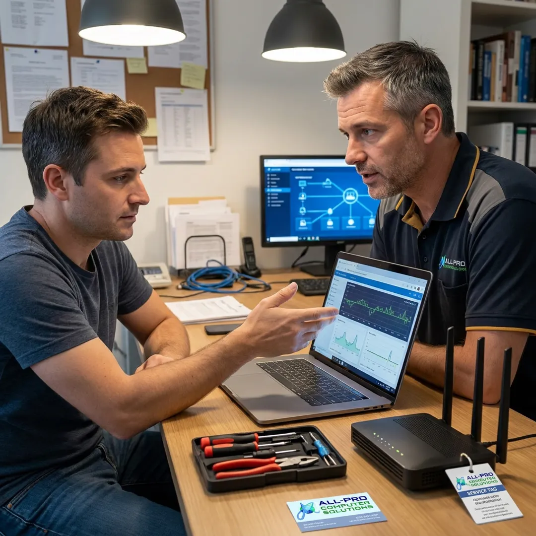 Computer technician explaining repair steps to a client