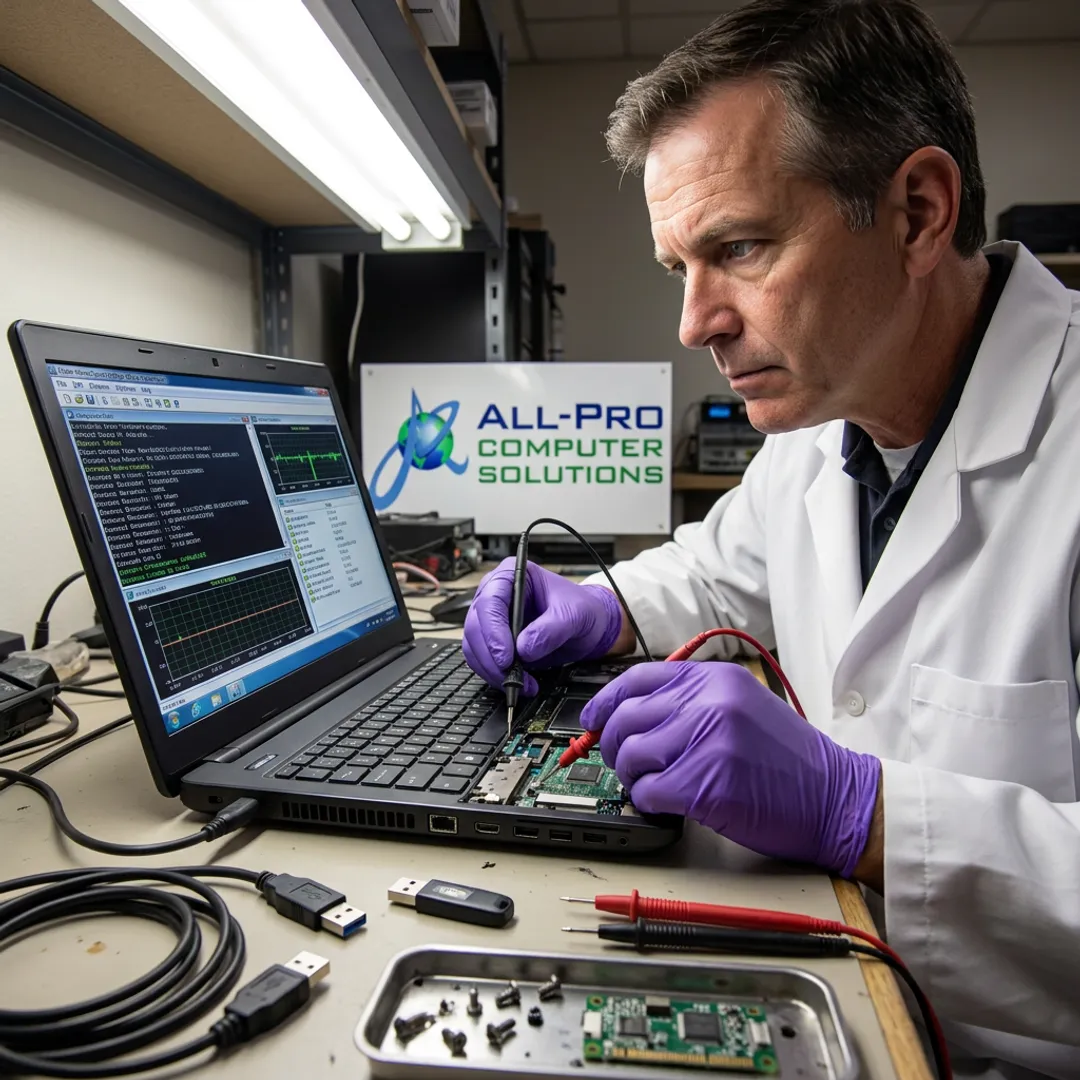 Technician testing laptop hardware components