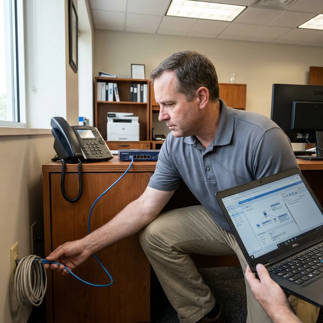 IT technician testing business phone system connections