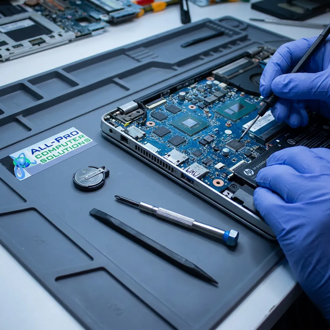 Technician replacing laptop CMOS battery