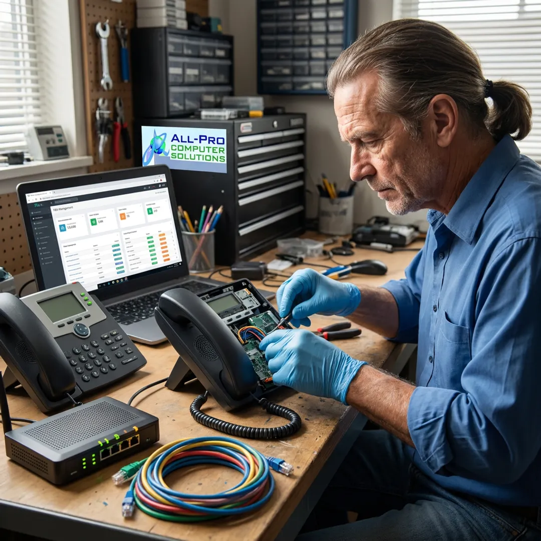 Technician testing VoIP phones and network equipment
