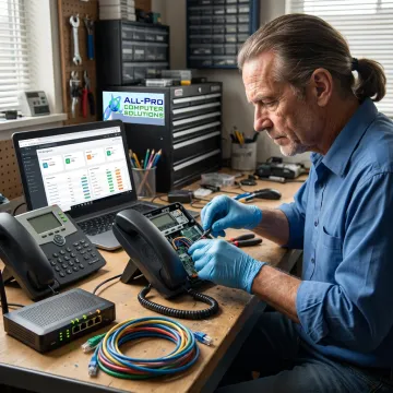 Technician testing VoIP phones and network equipment