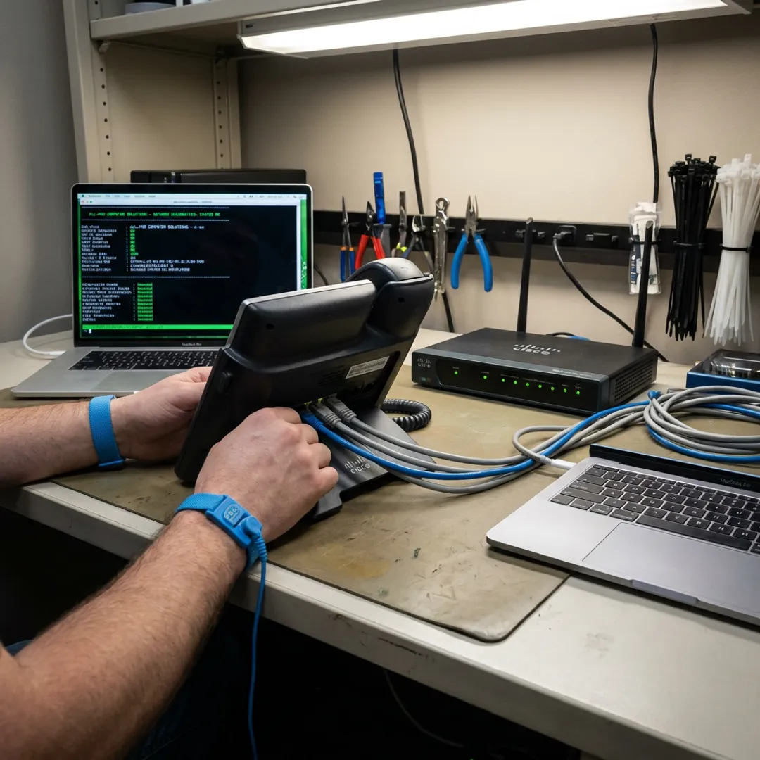 Technician testing VoIP phone connections