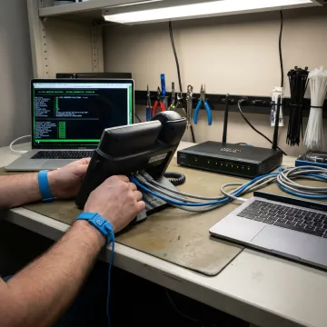 Technician testing VoIP phone connections