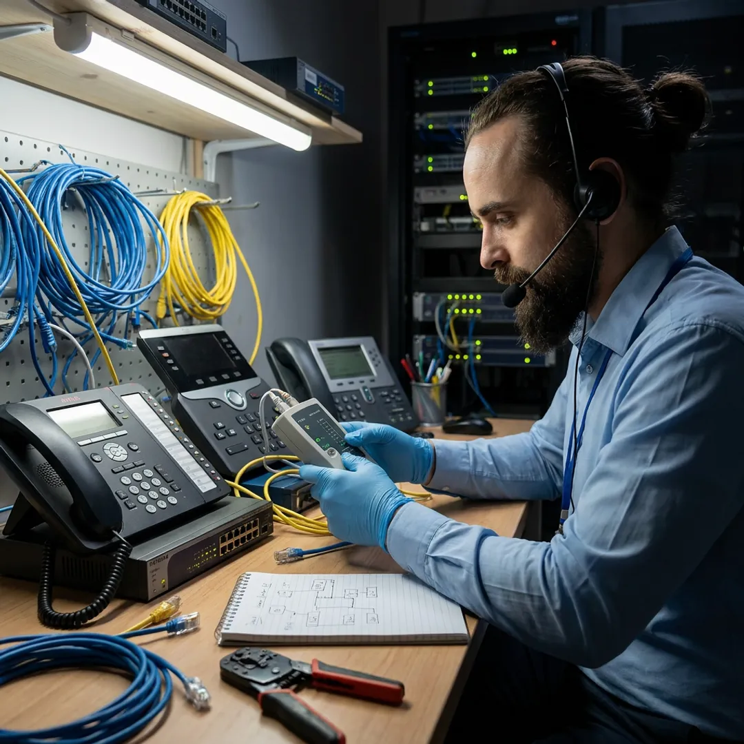 Technician testing office phone system connections