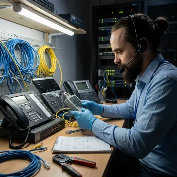Technician testing office phone system connections