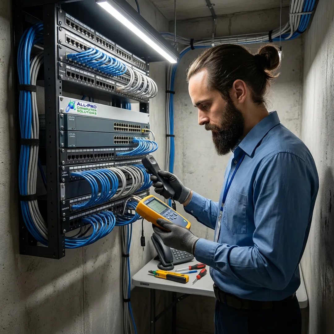 Technician testing office phone lines and network cables