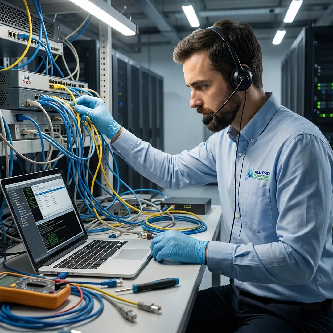 IT technician diagnosing office network equipment