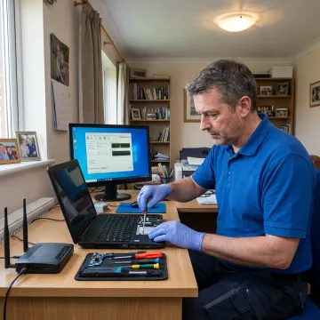 Technician repairing a laptop in a home office