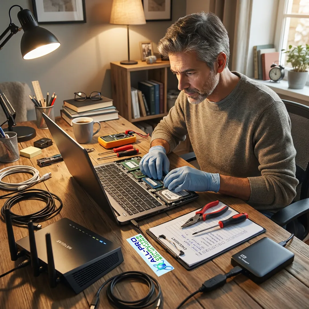 Computer technician diagnosing a laptop in a home office