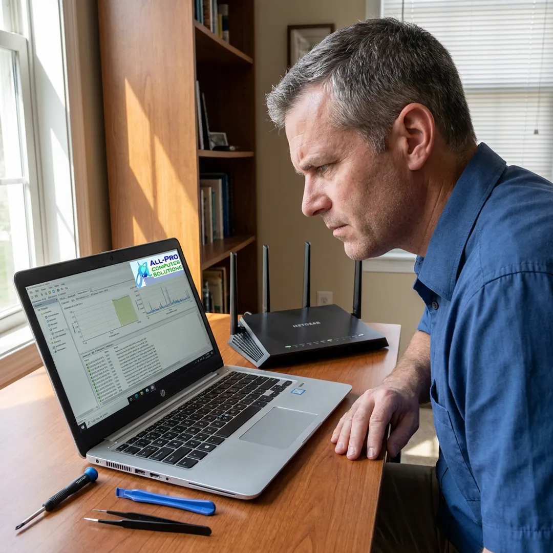 Computer technician diagnosing a laptop