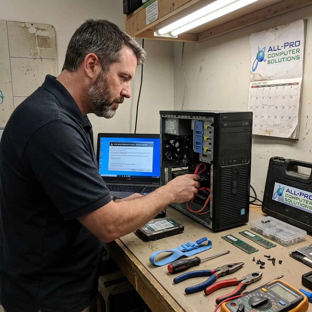 Technician diagnosing computer repair issues