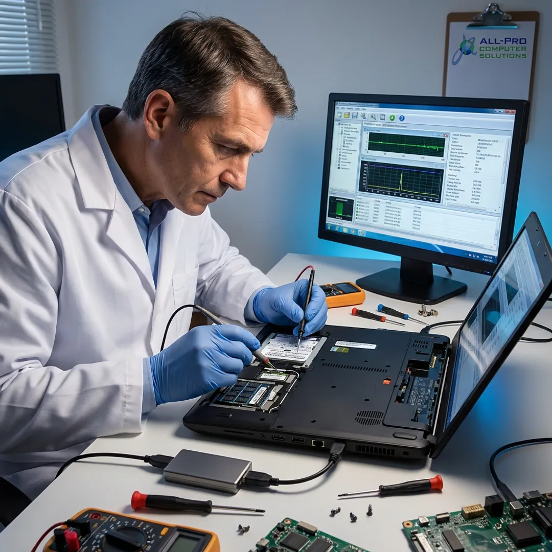 Computer technician diagnosing a laptop repair issue