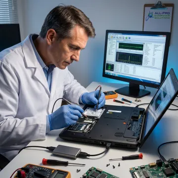 Computer technician diagnosing a laptop repair issue