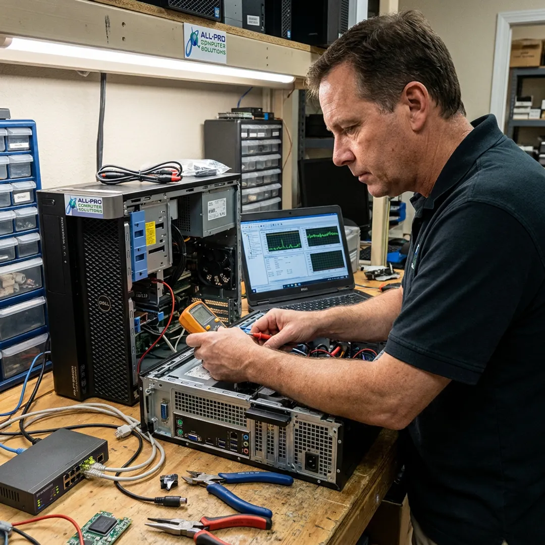 Technician diagnosing office computer problems