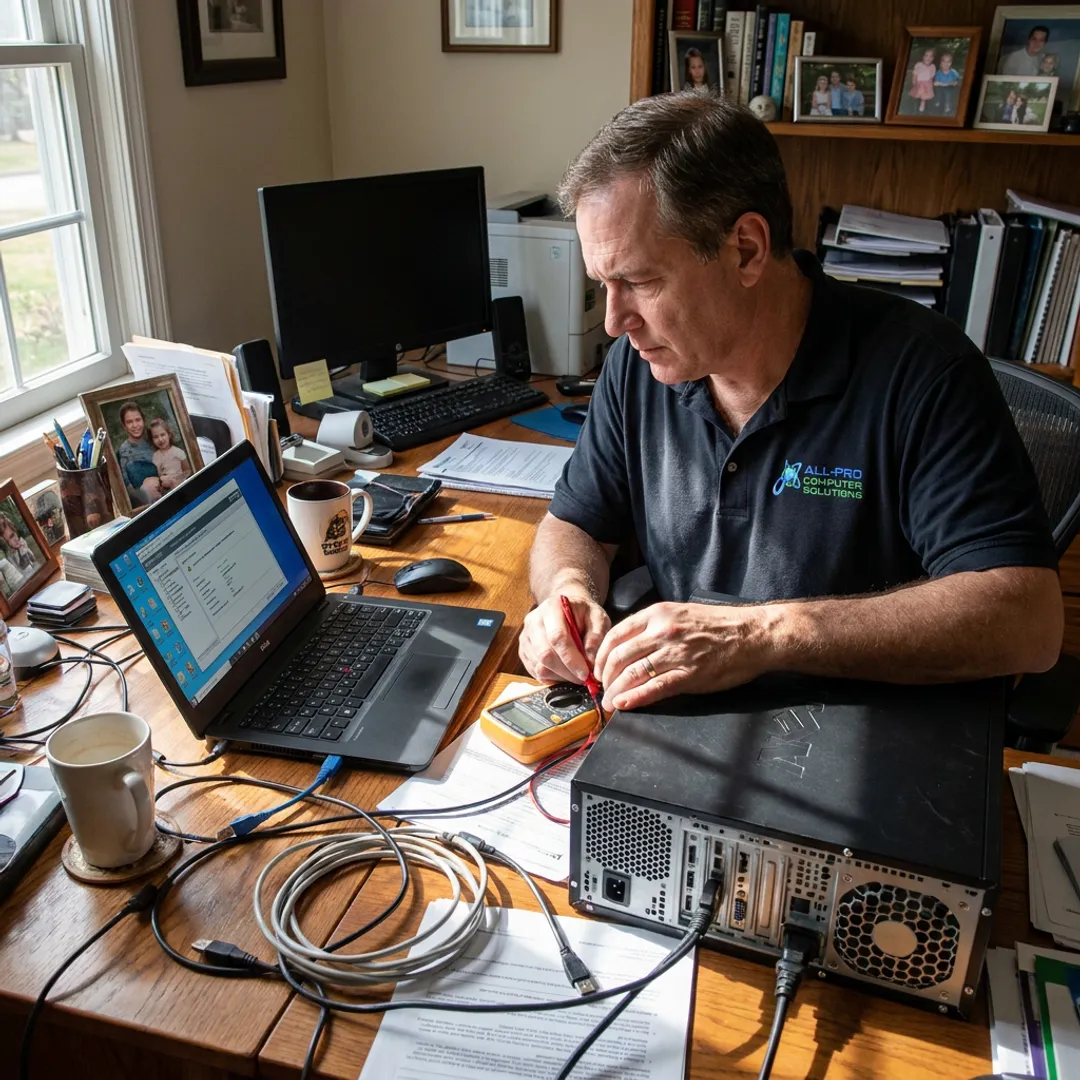 Computer technician diagnosing a desktop workstation