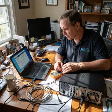 Computer technician diagnosing a desktop workstation