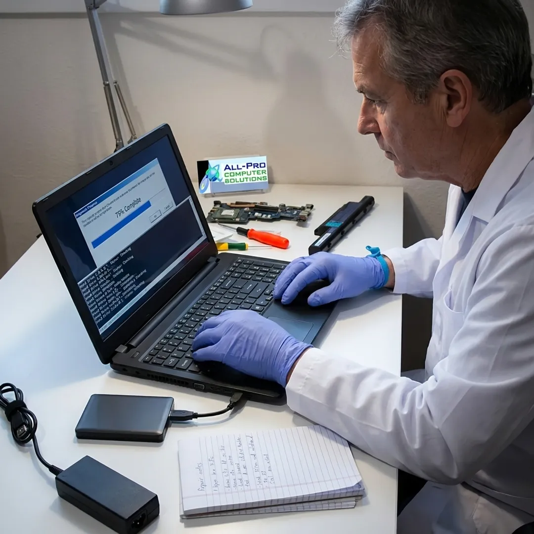 Technician diagnosing a laptop repair