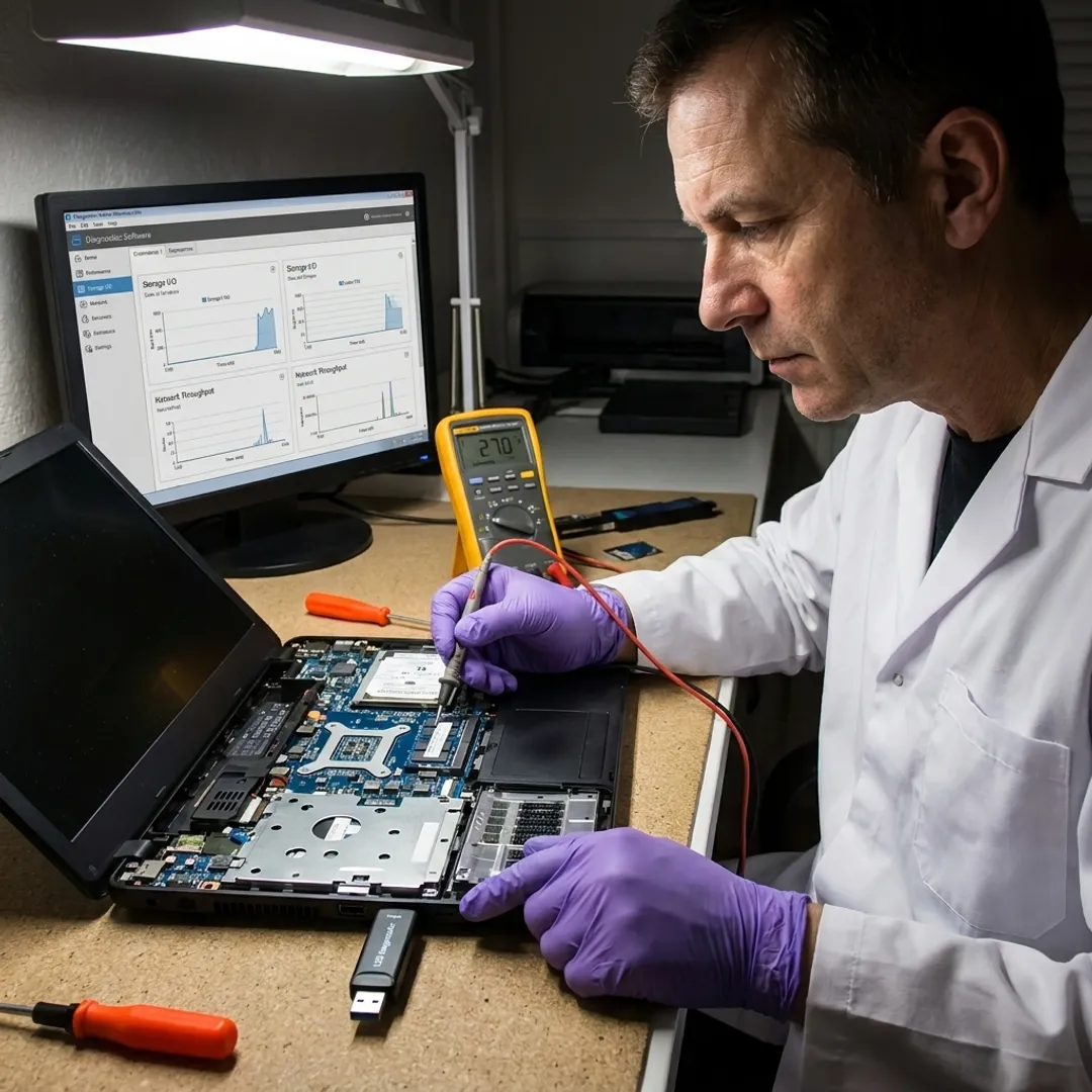 Technician testing repaired computer components