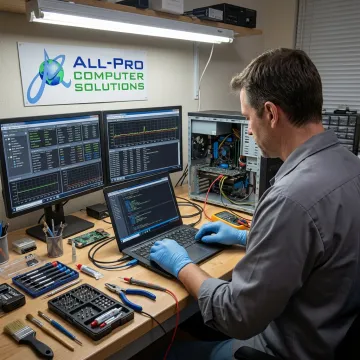Technician repairing a laptop and desktop computer