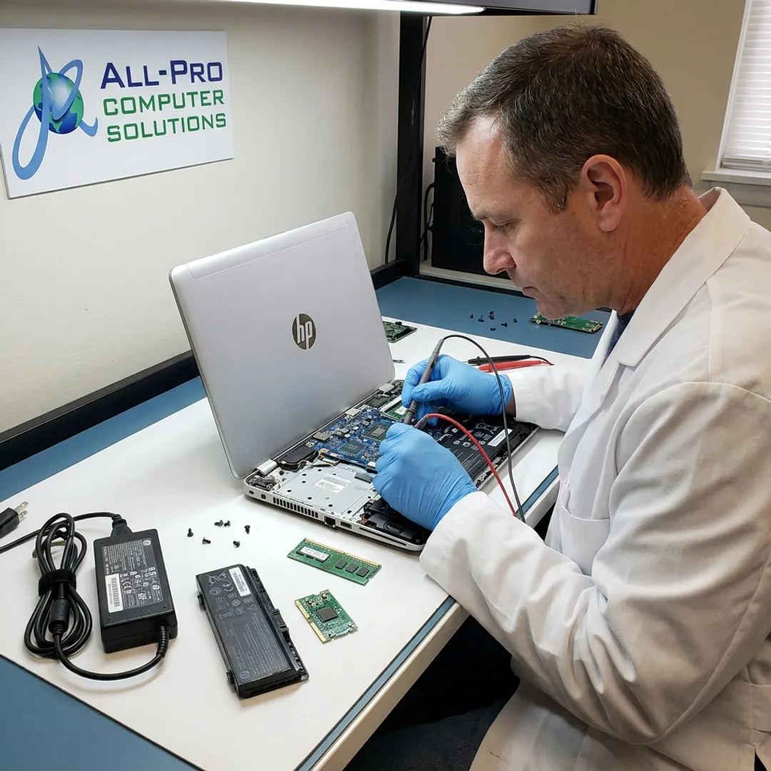 Technician repairing an HP laptop