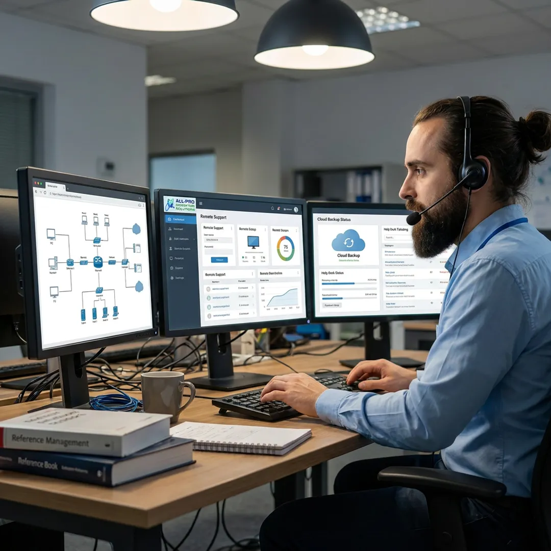 Remote managed IT support technician monitoring business systems