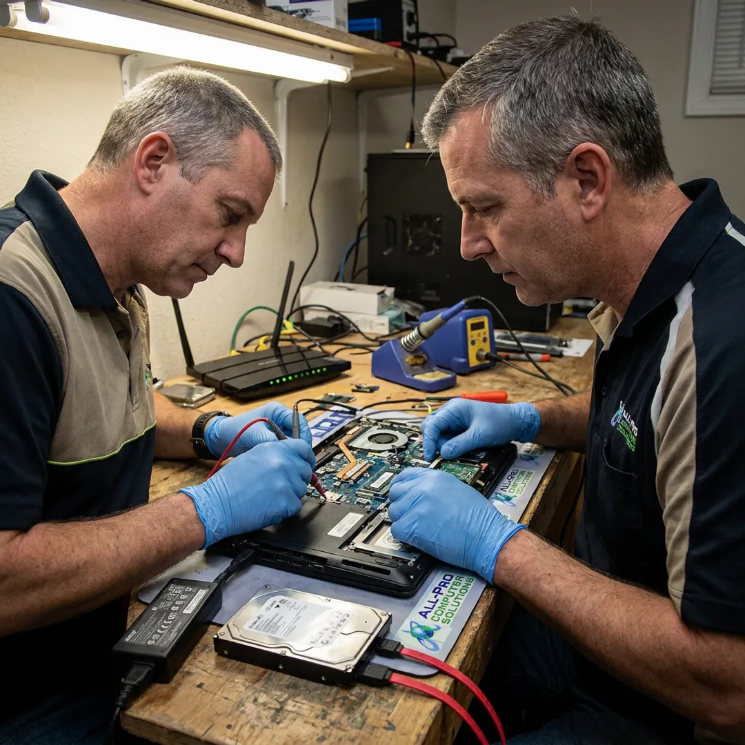 Technician diagnosing computer repair issues