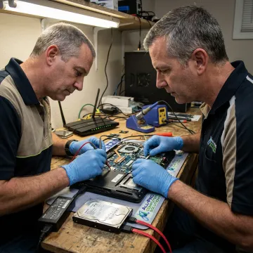Technician diagnosing computer repair issues