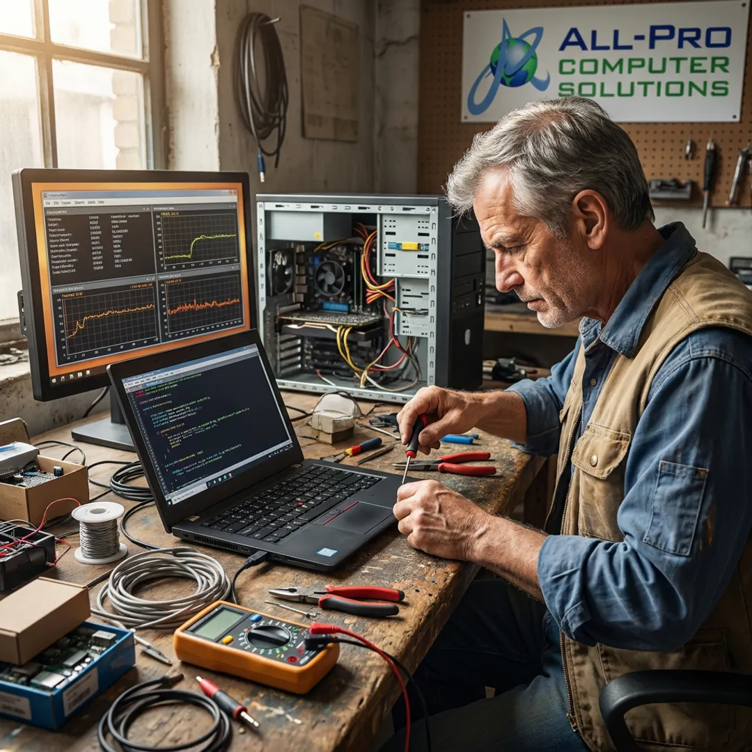 Computer technician repairing a laptop and desktop