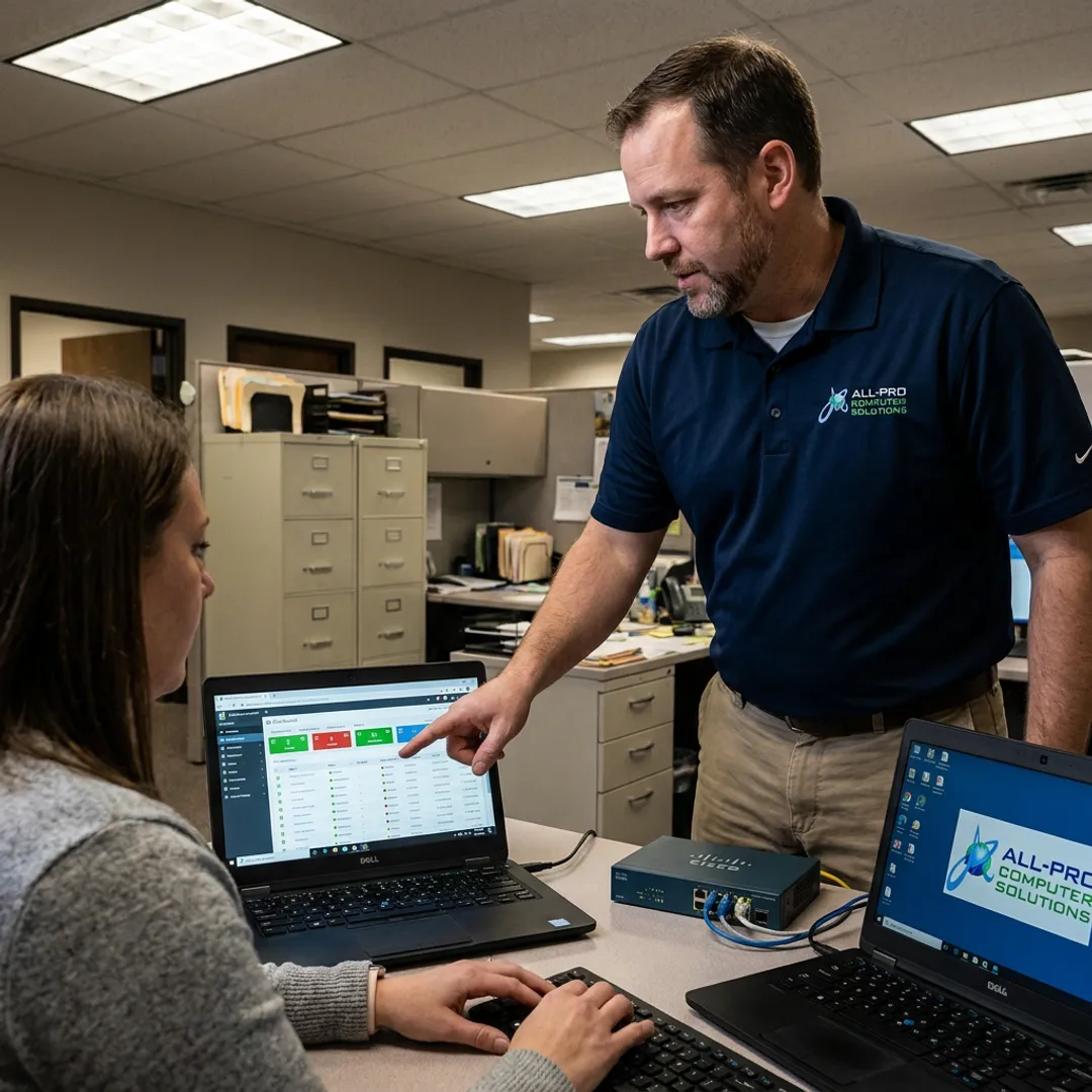 Managed IT support technician assisting office staff
