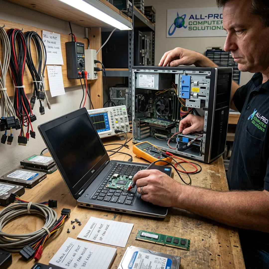Technician diagnosing computer repair issue