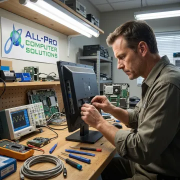 Technician repairing a computer monitor
