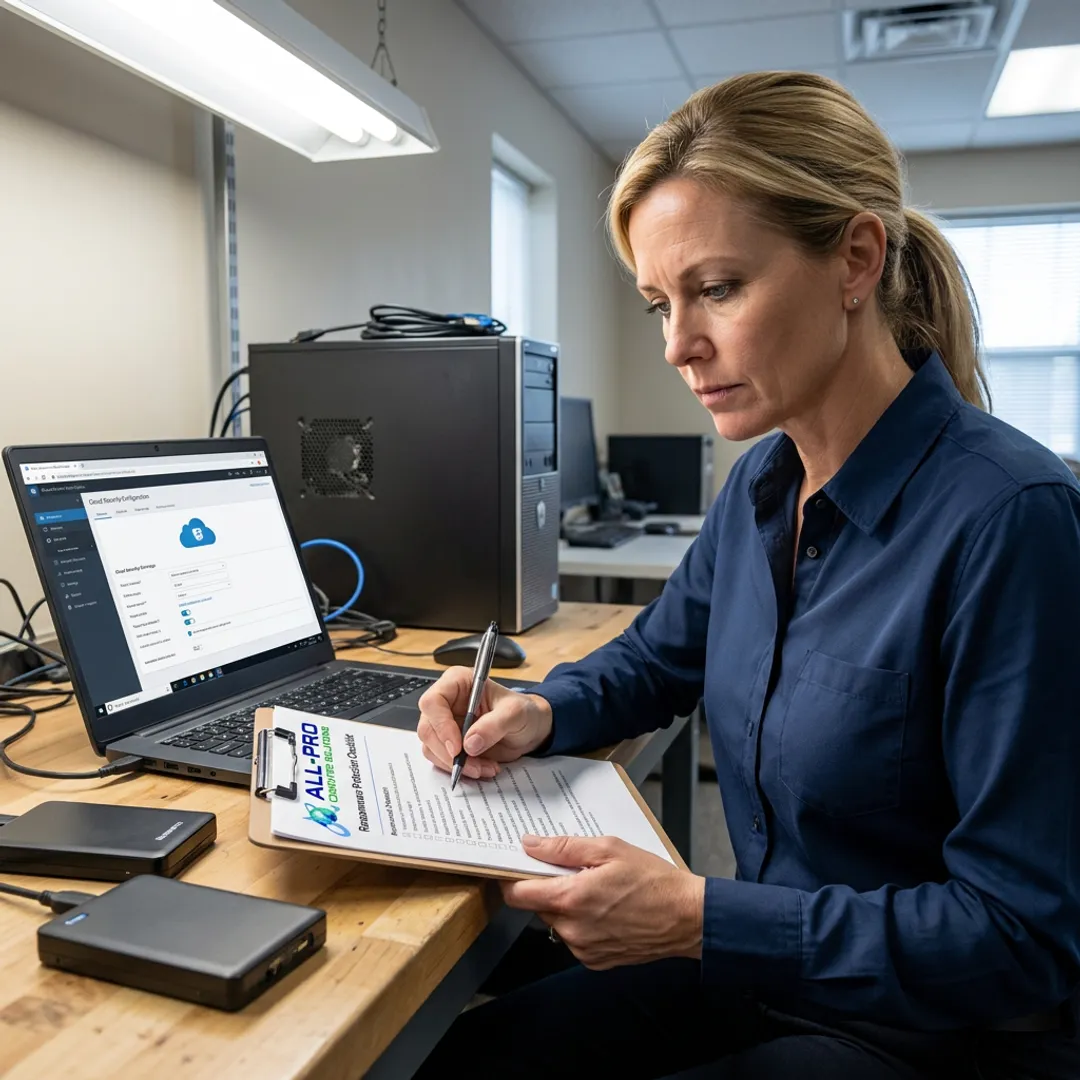 Technician reviewing ransomware backup and security plan
