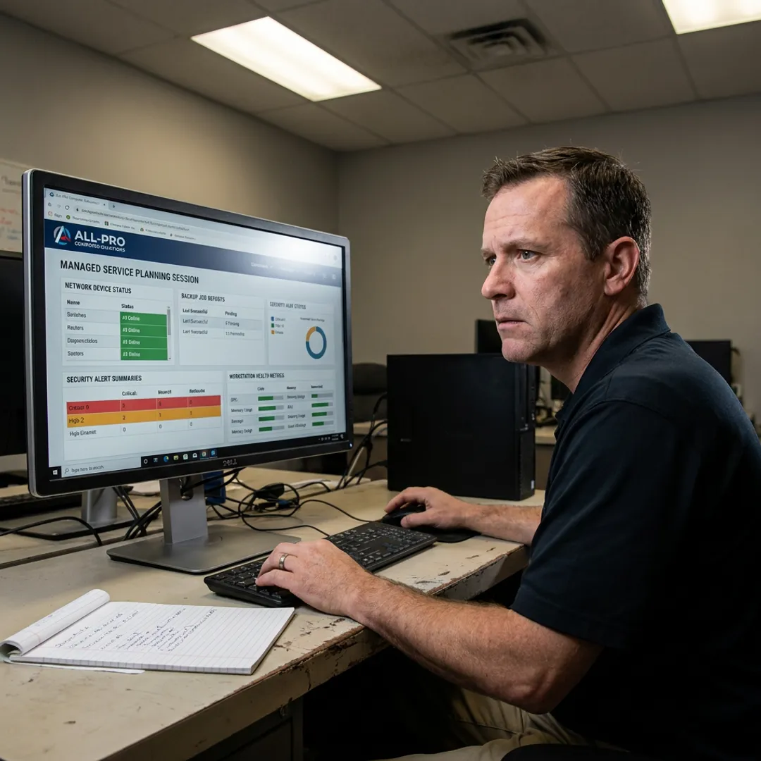 Technician reviewing managed IT systems