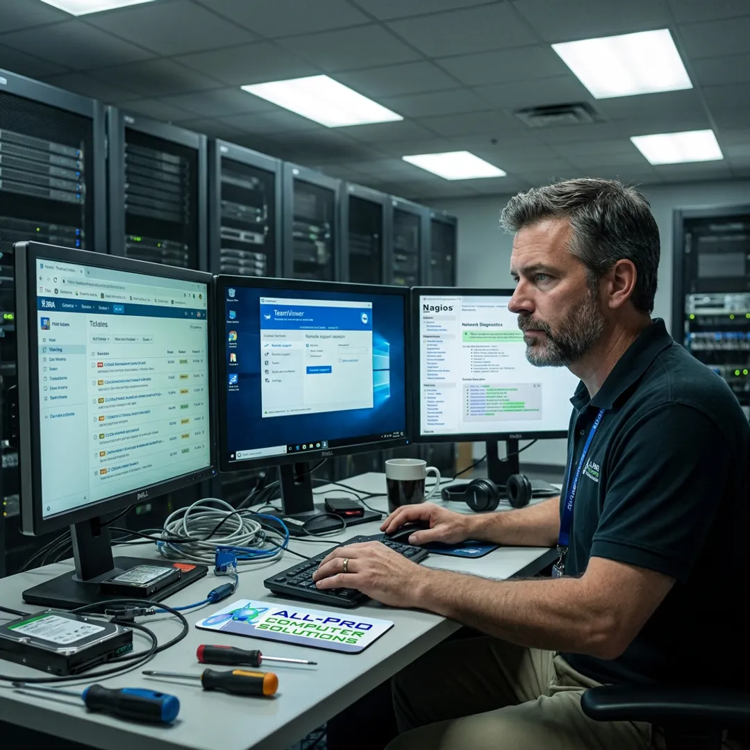 Outsourced IT help desk technician assisting users remotely